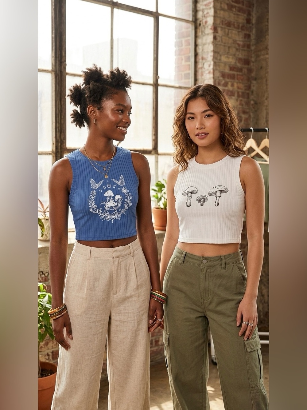 SHEIN Cottagecore Mushroom Crop Tank Bundle Set (2) Size S / M Boho Goblincore